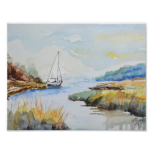 Ruhiger Fluss-Segelboot-Impressionist Fotodruck