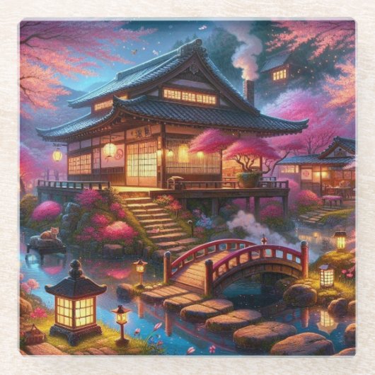 Ruhiger Frühling-Abend im japanischen Garten Glasuntersetzer (Vorderseite)