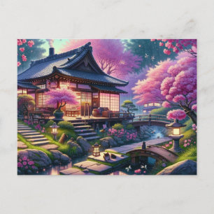 Ruhiger Frühling-Abend im japanischen Garten Postkarte