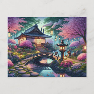 Ruhiger Frühling-Abend im japanischen Garten Postkarte