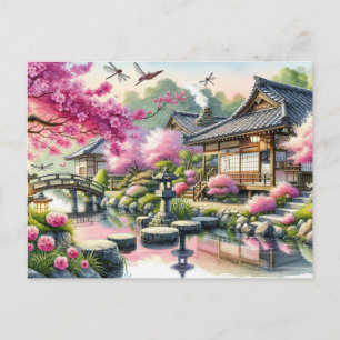 Ruhiger Frühling-Abend im japanischen Garten Postkarte