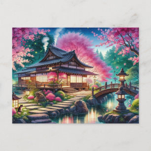 Ruhiger Frühling-Abend im japanischen Garten Postkarte