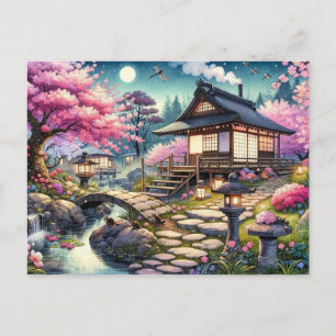 Ruhiger Frühling-Abend im japanischen Garten Postkarte