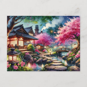Ruhiger japanischer Garten im Frühlingsgemälde Postkarte