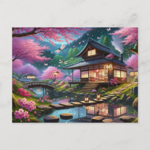 Ruhiger japanischer Garten im Frühlingsgemälde Postkarte