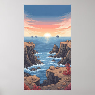 Ruhiger, pixeliger Sonnenaufgang über dem Ozean mi Poster