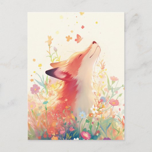 Ruhiger Rotfuchs auf einer farbenfrohen Wildblumen Postkarte (Vorderseite)