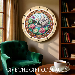 Ruhiger Schwan Lotus Bleiglasfenster Große Wanduhr