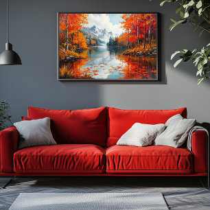 Ruhiger See umgeben von Herbstbäumen Leinwanddruck