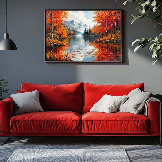 Ruhiger See umgeben von Herbstbäumen Leinwanddruck