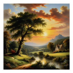 Ruhiger Sonnenuntergang am Fluss Poster