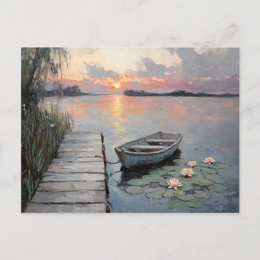 Ruhiger Sonnenuntergang über Rowboat auf einem See Postkarte (Vorderseite)
