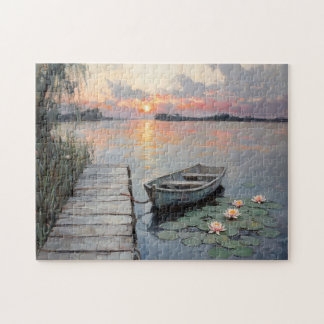 Ruhiger Sonnenuntergang über Rowboat auf einem See Puzzle