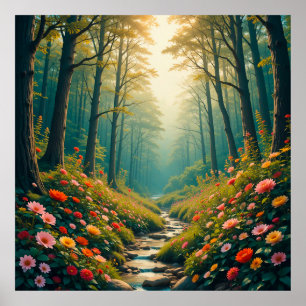 Ruhiger Waldstrom mit blühenden Wildblumen Poster