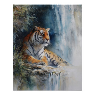 Ruhiger Wasserfall-Tiger-Nebelklippen-Kunst Poster