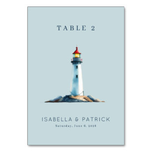 Ruhiges blaues Aquarell-Leuchtturm Tischnummer
