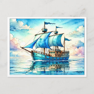 Ruhiges blaues Segelschiff Aquarell Feiertagspostkarte