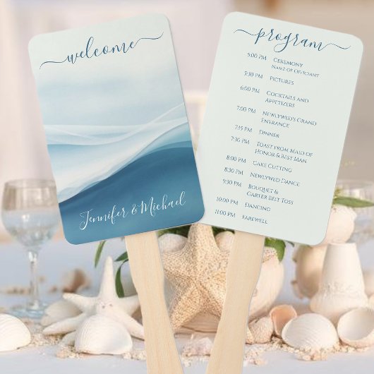 Ruhiges blaues Strandhochzeitsprogramm Fächer