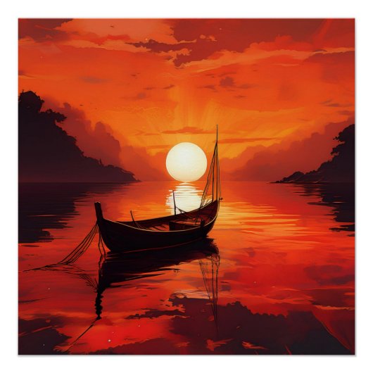 Ruhiges Boot in Fiery Sunset - Serene Natur Art Poster (Vorderseite)