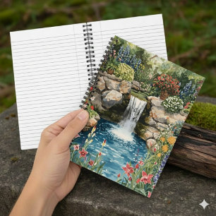 Ruhiges Gartenwasserfall-Spiralnotizbuch Notizblock