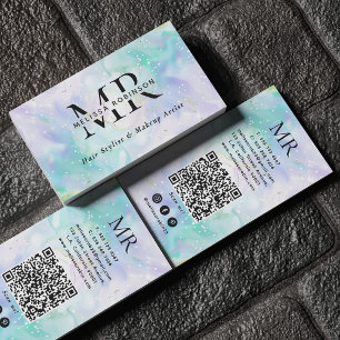 Ruhiges Grün & Lila Alkohol-Tinte-Monogramm-QR-Cod Visitenkarte