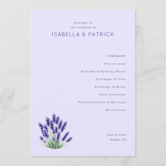 Ruhiges Lavendel-Blumen-Hochzeitsprogramm Programm (Vorderseite)