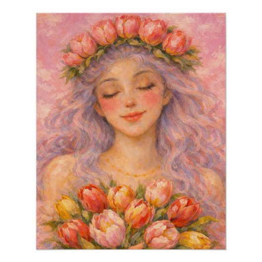 Ruhiges Mädchen mit rosa Tulpen Poster (Vorderseite)