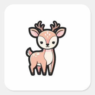 Ruhiges Reh – Süße Kawaii-Tierillustration Quadratischer Aufkleber
