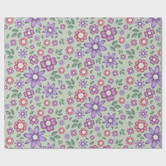 ruhiges Salbeigrün verspieltes Blumenmuster Geschenkpapier (Flach)