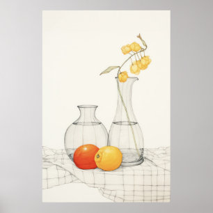 Ruhiges Stillleben mit Blüten und Obst Poster