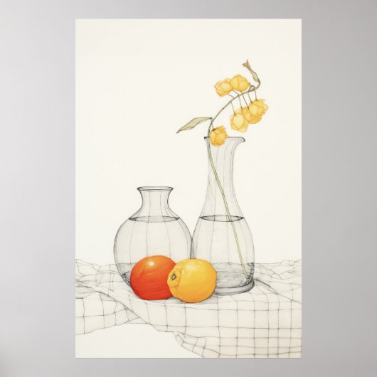 Ruhiges Stillleben mit Blüten und Obst Poster (Vorne)