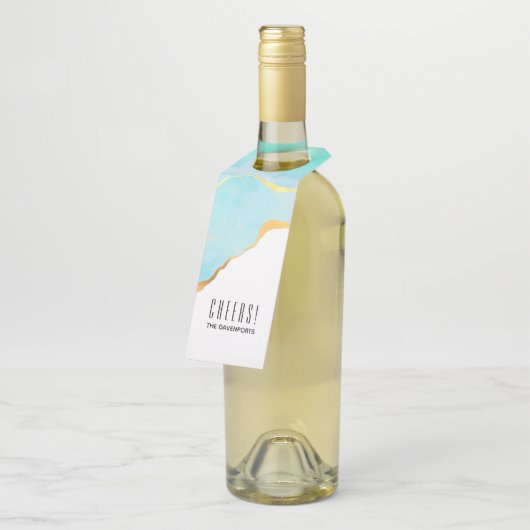 Ruhiges tropisches grünes Blau mit goldenen Grenze Flaschenanhänger (Angewinkelt)