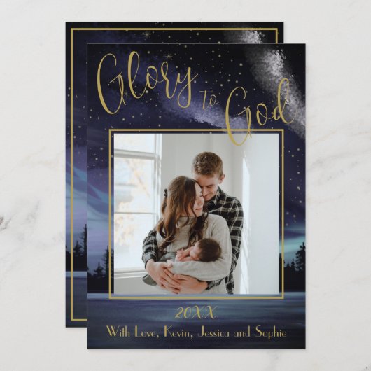 Ruhm zu Gott Blue Starry Night Foto Weihnachten (Vorne/Hinten)