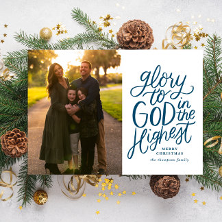 Ruhm zu Gott Weihnachts Foto-Karte Navy Blue Feiertagskarte