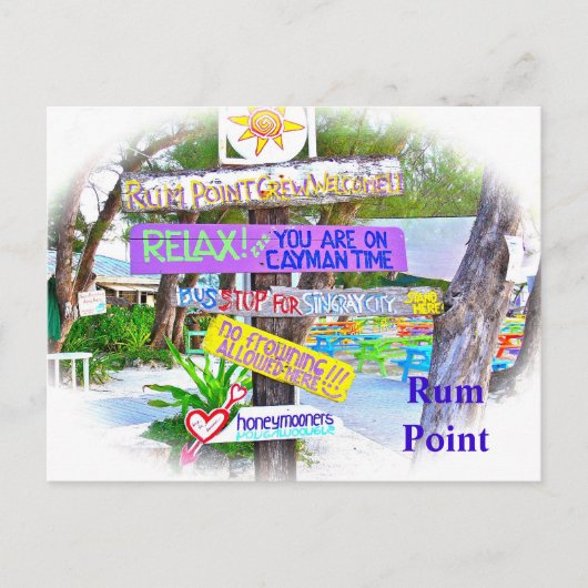 RUM POINT/GRAND CAYMAN/FARBFARBENE HOLZZEICHEN POSTKARTE (Vorderseite)
