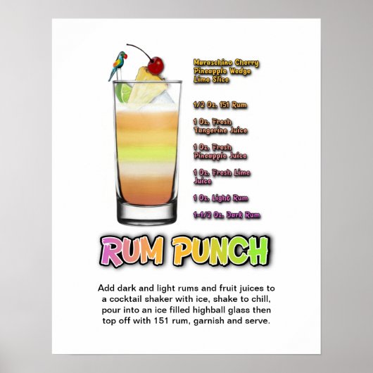 RUM PUNCH Cocktail Rezept 16" x 20" Art Poster (Vorne)