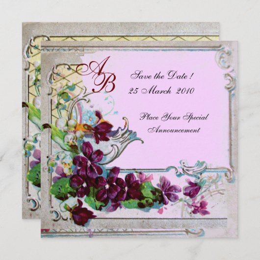RUMÄNIEN 4 MONOGRAMM, Lila, blumenrosa Hochzeit Save The Date (Vorne/Hinten)