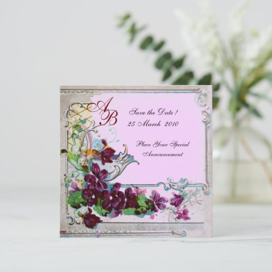 RUMÄNIEN 4 MONOGRAMM, Lila, blumenrosa Hochzeit Save The Date (Stehend Vorderseite)