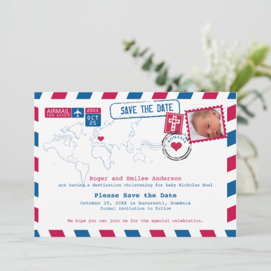 Rumänien Christening Baptisse Save the Date (Stehend Vorderseite)