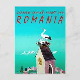Rumänien, Storchennest auf Dorfwachturm, Vintage Postkarte