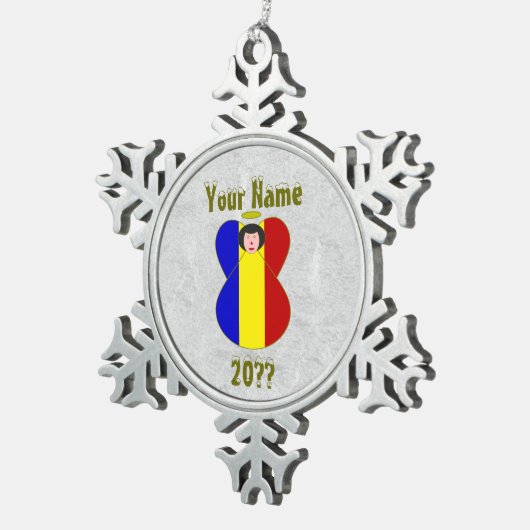 Rumänische Angelflagge Schwarzes Haar Personalisie Schneeflocken Zinn-Ornament (Rechts)