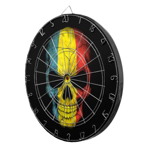 Rumänischer Flaggen-Schädel auf Schwarzem Dartscheibe (Vorderseite rechts)
