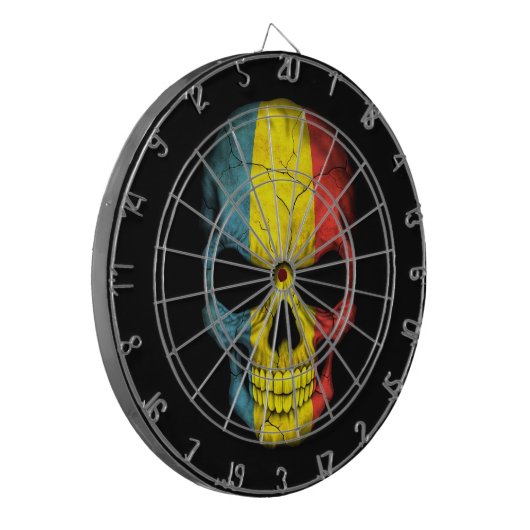 Rumänischer Flaggen-Schädel auf Schwarzem Dartscheibe (Vorderseite Links)
