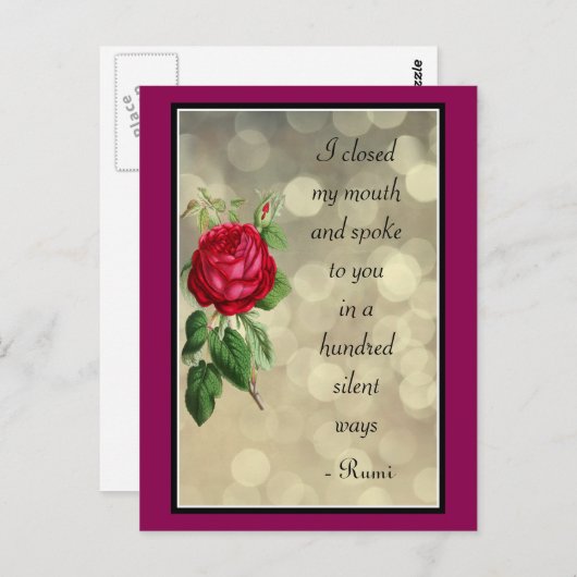 Rumi Quote Typografie mit Rose und Bokeh Design Postkarte (Vorne/Hinten)