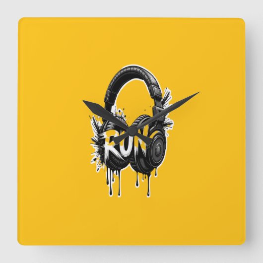 RUN Headphones Street Art Sticker Quadratische Wanduhr (Vorderseite)