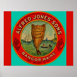 Rund 1900 Alfred Jones Sons Finnan Haddie-Label Poster