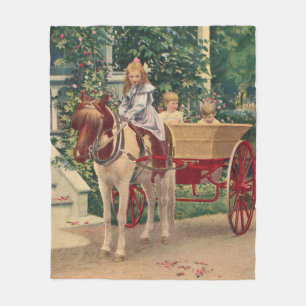 Rund 1910 Kinder und Pferd gezeichnet Wagen Fleecedecke