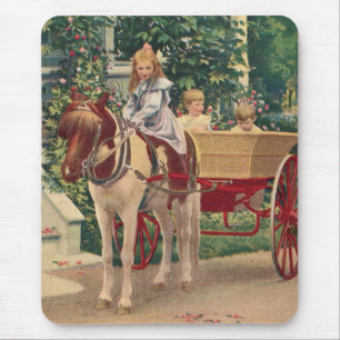 Rund 1910 Kinder und Pferd gezeichnet Wagen Mousepad