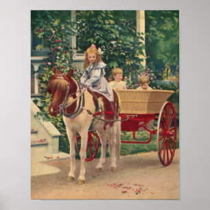 Rund 1910 Kinder und Pferd gezeichnet Wagen Poster