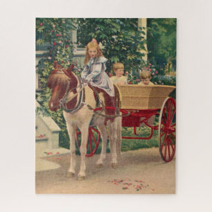 Rund 1910 Kinder und Pferd gezeichnet Wagen Puzzle